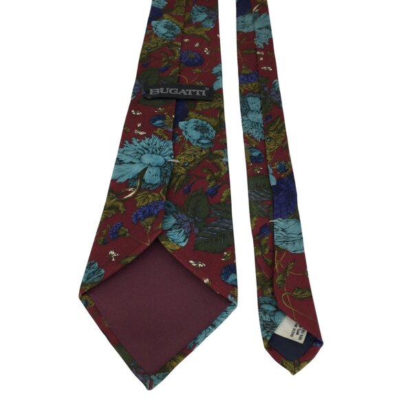 Vintage Bugatti Floral Neck Tie 100% Italian Silk Maroon Blue Flowers MadeIn USA - Picture 5 of 7